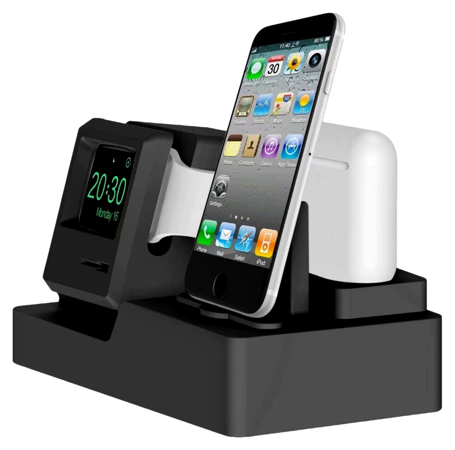 3-i-1 Silikone Holder til iPhone, Apple Watch & AirPods-Sort