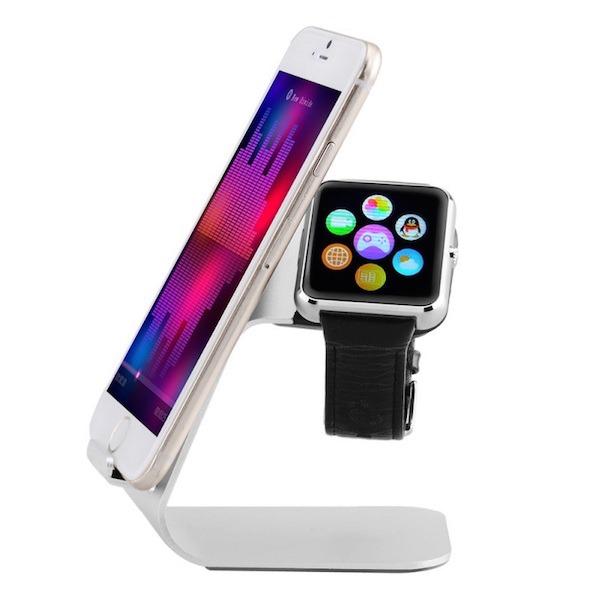 Bellus Stand m. iPhone holder i sølv til Apple Watch